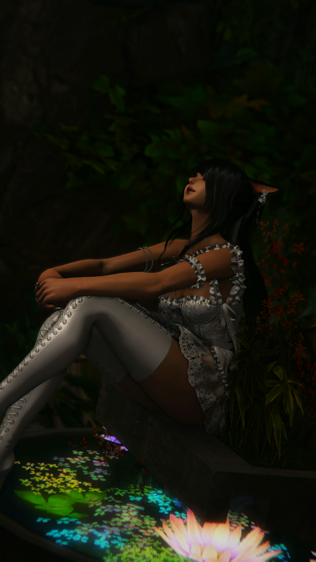 Woowind leaning back by a pool of luminous petals