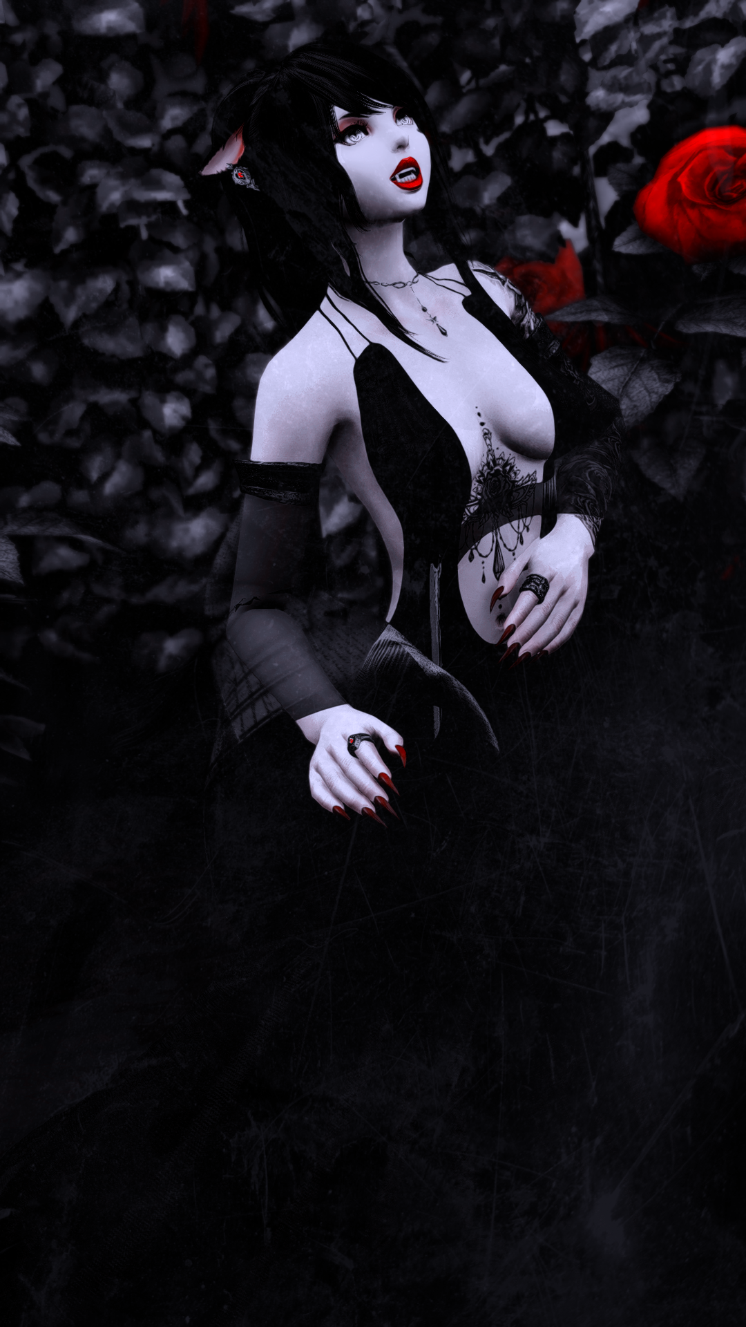 Woowind in a gothic garden with red roses